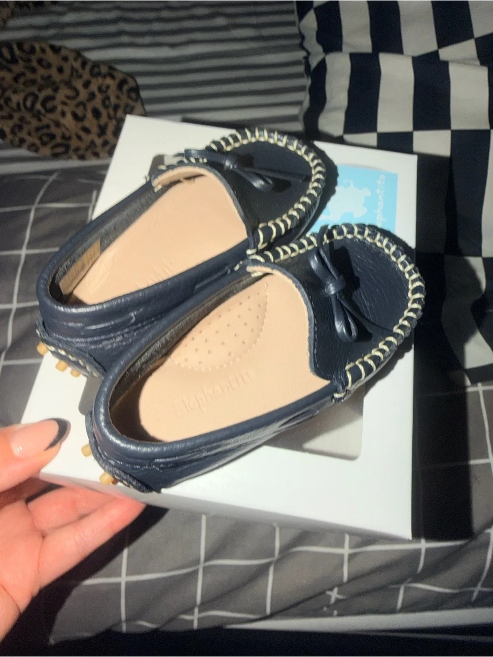 Elephantito Navy Leather Baby Moccasins with Contrast Stitch